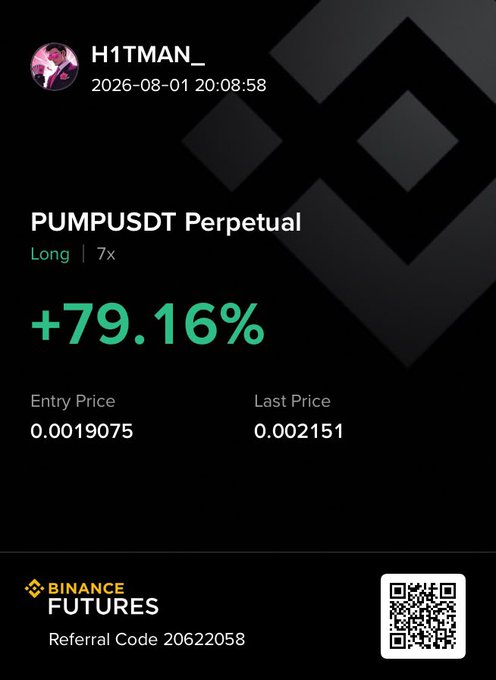 A Binance Futures trading card from user H1TMAN_ showing a successful PUMPUSDT Perpetual long position with a +79.16% gain, displaying entry price 0.0019075 and last price 0.002151, along with a referral code.