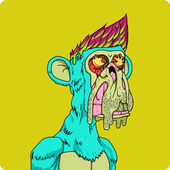A cartoon illustration of a turquoise monkey with a pink and green mohawk, bloodshot eyes, and a drooling nose set against a bright yellow background.