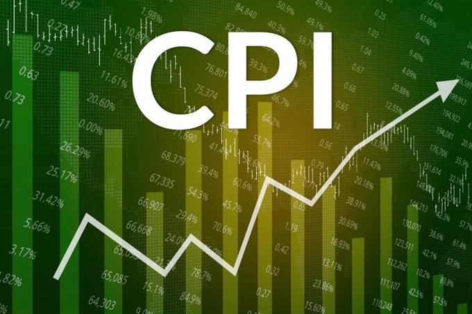 A financial graphic displaying the acronym 'CPI' in large white letters over a green background filled with stock market percentages, numbers, and a white arrow trending upward.