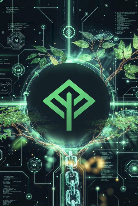 A futuristic digital illustration featuring a green Ethereum-related logo inside a glowing circular frame surrounded by tech interface elements and tree branches, with chains hanging below.