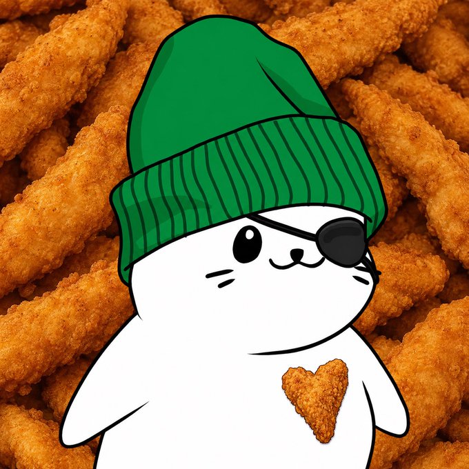 A cartoon-style white seal mascot wearing a green beanie and a black eye patch, with a heart-shaped chicken nugget on its chest, is superimposed over a background of fried food sticks.