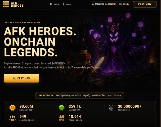 The image shows the landing page for "AFK Heroes," an idle RPG game built on blockchain, featuring a pixel-art knight confronting a purple glowing boss. Key stats displayed include a 90.60M reward pool, $59.1k market cap, 949 players online, 10,914 total heroes, and a $AFKHERO token priced at $0.00005907 with contract address visible. The page promotes the game's auto-fight mechanics where heroes battle 24/7 on-chain while players are away, supporting the post's mention of getting involved with the game before Season 1 ends.