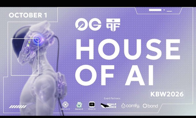 A promotional poster for 'HOUSE OF AI' event at KBW2026 on October 1, featuring a futuristic cyborg/robotic figure with partners including Zircuit, Maple AI, Ghost AI, WhaleDance, comfy, and Bond.