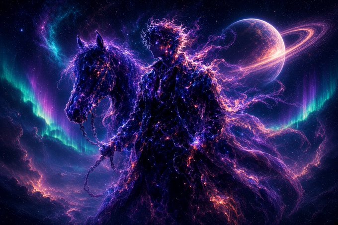 A cosmic illustration of a horse made of stars and nebulas, with a ringed planet and auroras in the background.