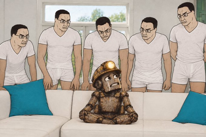 A digital illustration showing a small, rusty robot wearing a miner's helmet sitting on a couch, surrounded by five stern-looking men in white t-shirts and underwear standing behind it.