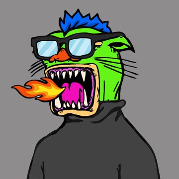 A cartoon illustration of a green alien-like character with blue hair, large sunglasses, sharp teeth, and a pink tongue breathing flames, wearing a black hoodie.