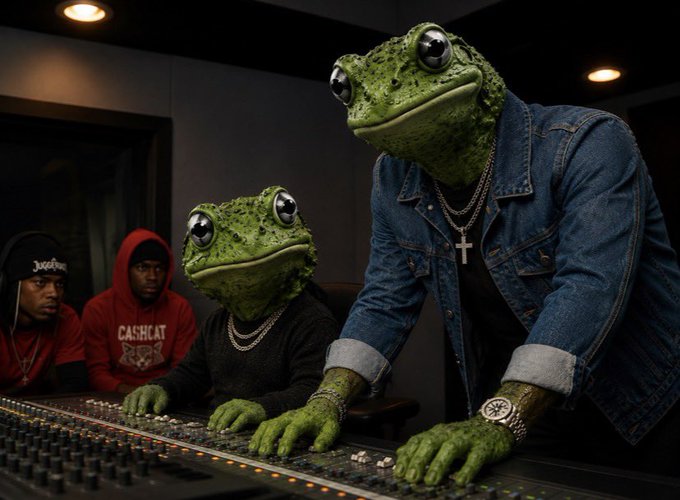 Two anthropomorphic frogs wearing chain necklaces, one in a denim jacket, operating a large audio mixing console in a recording studio with two people in hoodies visible in the background.