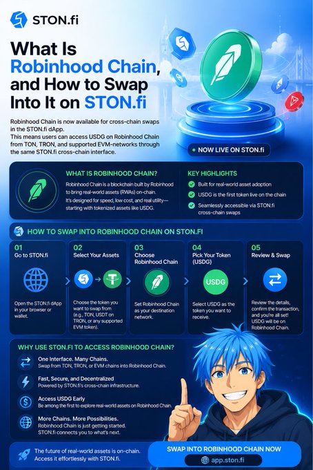 An infographic about 'Robinhood Chain' and how to swap into it on 'STON.fi', featuring a blue-haired anime character and steps for using USDC on the new blockchain.