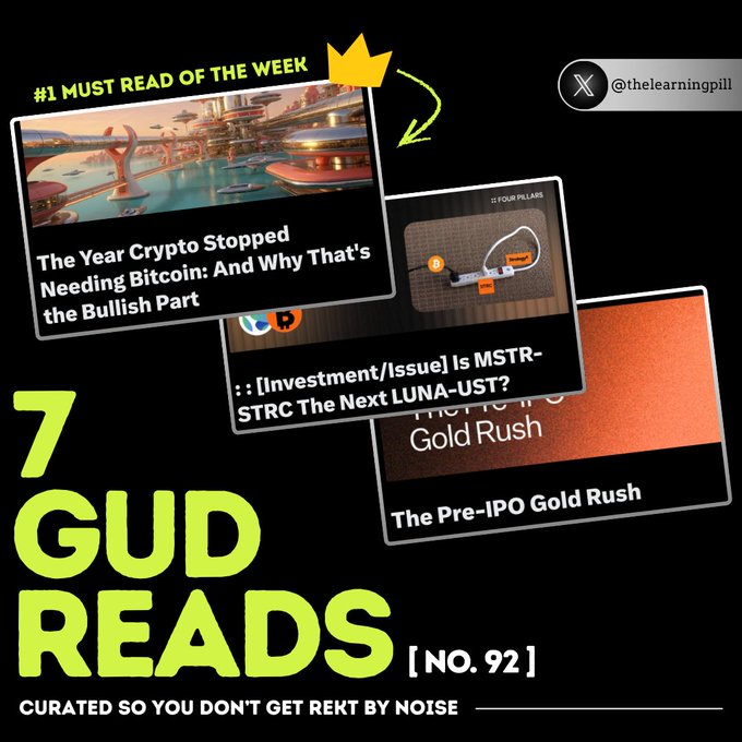 In this image, there are three different posts with logos overlaid against a dark background. The first post states "7 GUD READS", the second one has a green logo that reads "curated so you don't get rent by noise" with a thumbs up symbol, and the third one is titled "No.92 (Bitcoin breaks $65K and the timeline called a funeral)" accompanied by an image of Bitcoin and an orange surface beneath it. The focus on these three posts suggests that this could be an advert for Bitcoin or related Bitcoin-related topics.