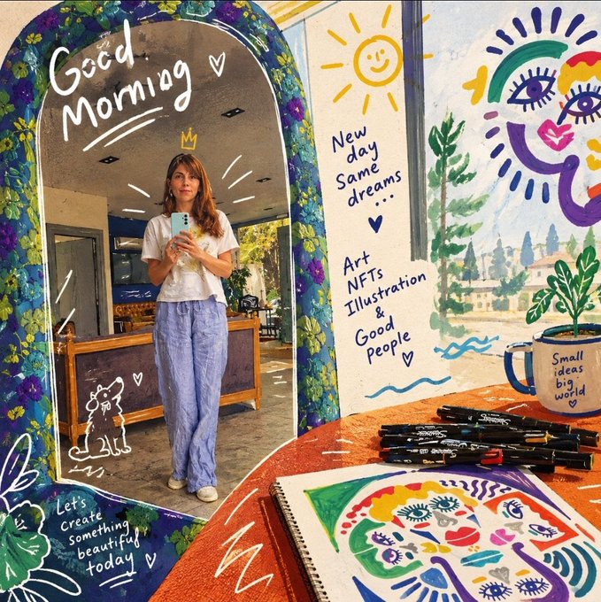 A decorated cafe mirror says “Good Morning,” while nearby wall art reads “New day Same dreams...,” “Art NFTs Illustration & Good People,” and “Small ideas big world.”