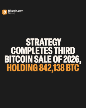 A Bitcoin.com News graphic with a black background and orange logo displays bold white and orange text reading: "STRATEGY COMPLETES THIRD BITCOIN SALE OF 2026, HOLDING 842,138 BTC," which corresponds to the post announcing that Strategy sold 1,638 BTC for approximately $104.7M at an average price of $63,957 while maintaining 842,138 BTC in holdings.