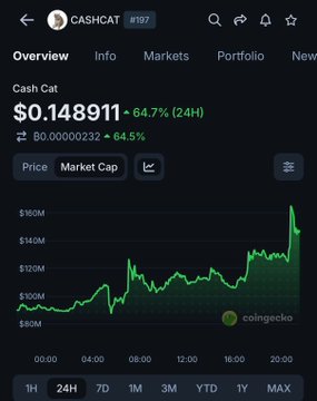 A CoinGecko screenshot showing Cash Cat (CASHCAT) at #197, with a current price of $0.148911 and a 64.7% surge over 24 hours, alongside a market cap price chart depicting its sudden spike to roughly $160M. The image visually supports the post's claim about CASHCAT re-entering the top 200 cryptocurrencies and reclaiming a $200M valuation amid rising momentum.