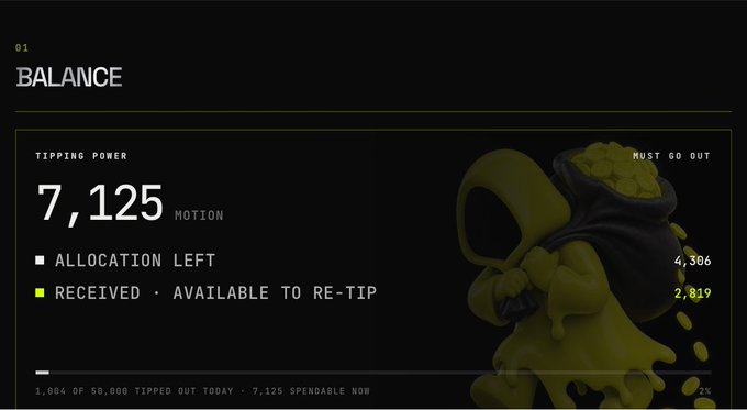 A dark interface showing 'TIPPING POWER 7,125 MOTION' with allocation and received balances (4,366 and 2,819), accompanied by a yellow skull artwork illustration.