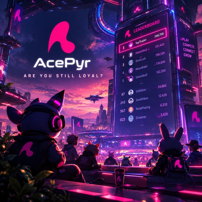 A neon futuristic scene shows the “AcePyr” logo with “ARE YOU STILL LOYAL?” and a large “LEADERBOARD” listing TopTrader, AlphaMind, ZeroLuck, MoonRider, and SilentWolf.