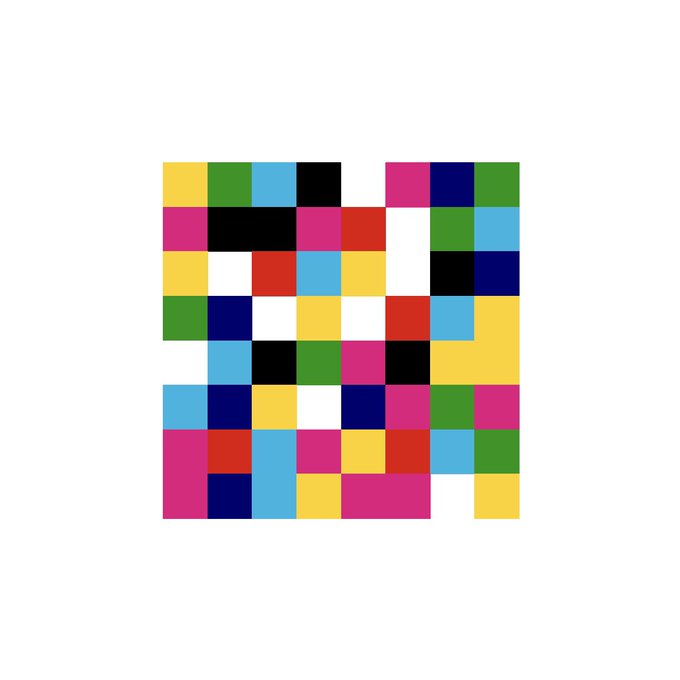 A pixel art-style image featuring a grid of brightly colored squares in yellow, green, blue, pink, black, red, and white on a white background.