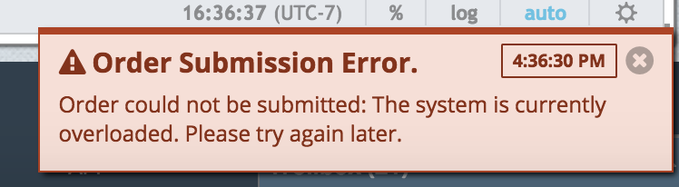 The image shows an "Order Submission Error" notification from BitMex with the message "Order could not be submitted: The system is currently overloaded. Please try again later," timestamped at 4:36:30 PM, which visually illustrates the post's reflection on the exchange's notorious outages and the user's experience of being unable to close positions during peak volatility.