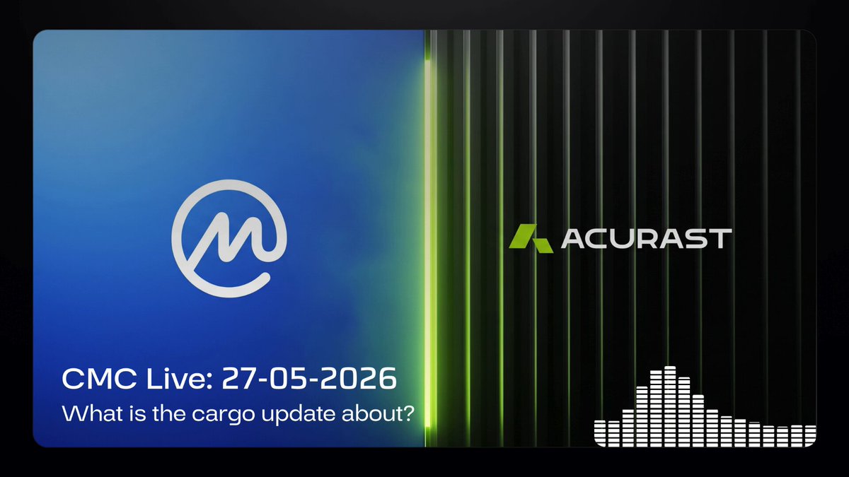 The image features an advertisement for a cargo update about the use of AI agents inside a cargo container, which is related to the coinmarketcap live stream. The text "A clip from our CoinMarketCap live discussing the use cases Cargo unlocks. Beyond web scraping, builders can now run AI agents continuously inside a Cargo container, no dedicated infrastructure needed." is displayed in white and green text on the image.