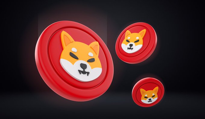 Three red Shiba Inu coin tokens of varying sizes float against a dark background, with the largest one prominently displayed in the foreground. The image visually represents the $SHIB cryptocurrency referenced in the post, symbolizing the "king of Ethereum" claim through the bold, coin-like depictions of the iconic Shiba Inu mascot.