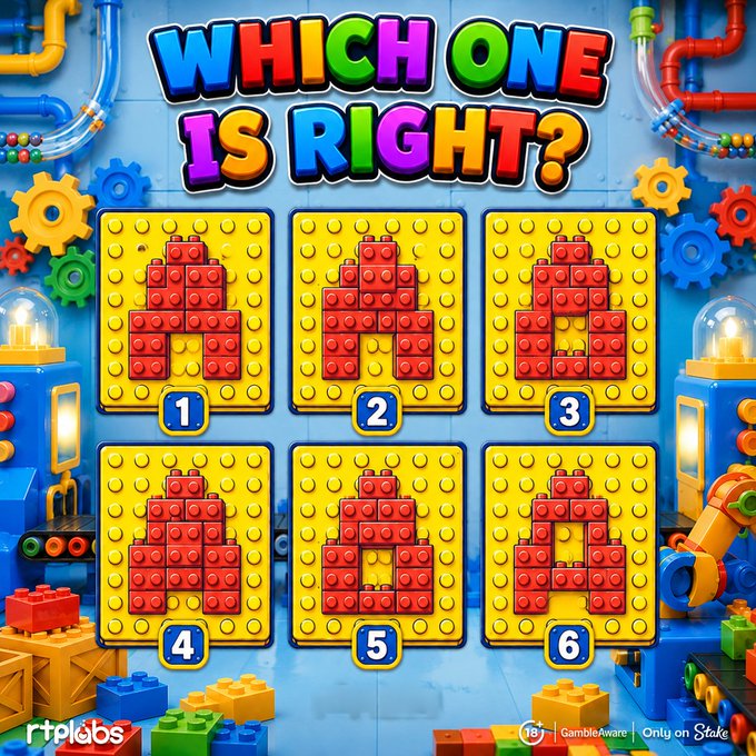 A vibrant LEGO-themed puzzle game displays the title "WHICH ONE IS RIGHT?" above six numbered yellow panels (1-6), each featuring different arrangements of red blocks. The image serves as an interactive visual challenge for "Block Puzzle Mania" on Stake, inviting viewers to identify the correctly assembled letter symbol among the options.