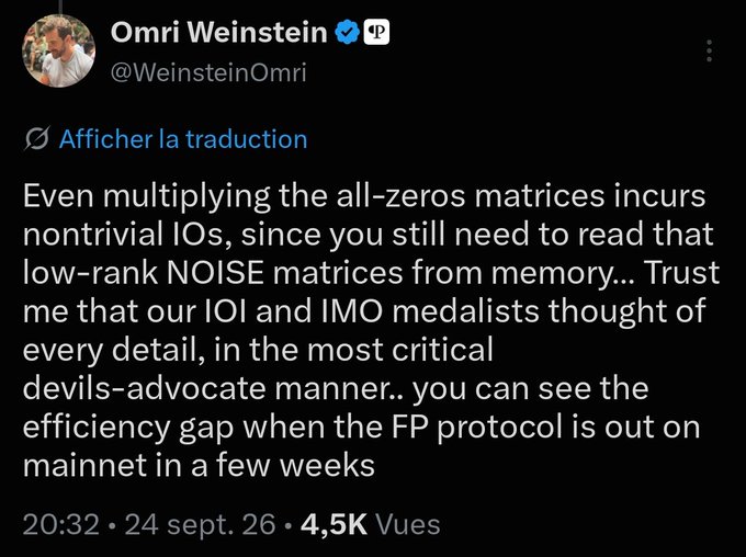 A tweet from Omri Weinstein (@WeinsteinOmri) discussing matrix multiplication, NOISE matrices, and IOI/IMO medalists, with 4.5K views posted on September 24, 2026.
