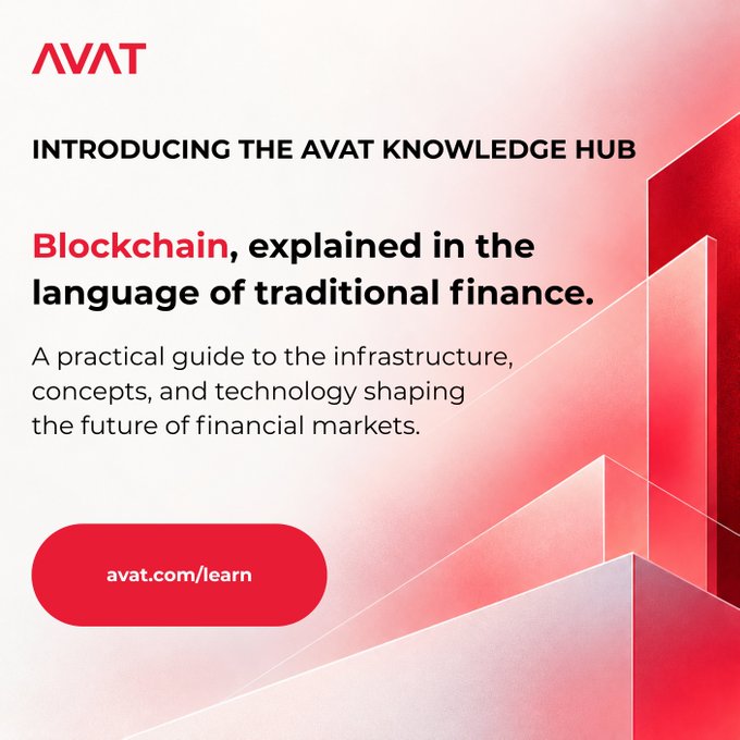 A red and white advertisement for AVAT promotes the "AVAT KNOWLEDGE HUB," describing it as "Blockchain, explained in the language of traditional finance," with a call-to-action linking to avat.com/learn.