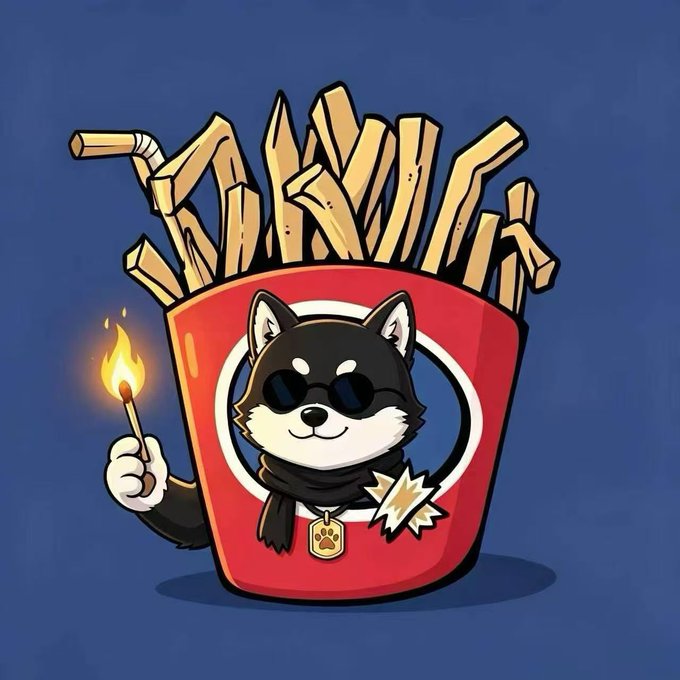 A cartoon Shiba Inu wearing sunglasses and a scarf holds a lit match next to a red bucket overflowing with French fries, with the fries cleverly arranged to spell out "MAME"—a humorous visual gag matching the post's complaint about being "turned into a dog" with "dog strips" in the $MAME community.