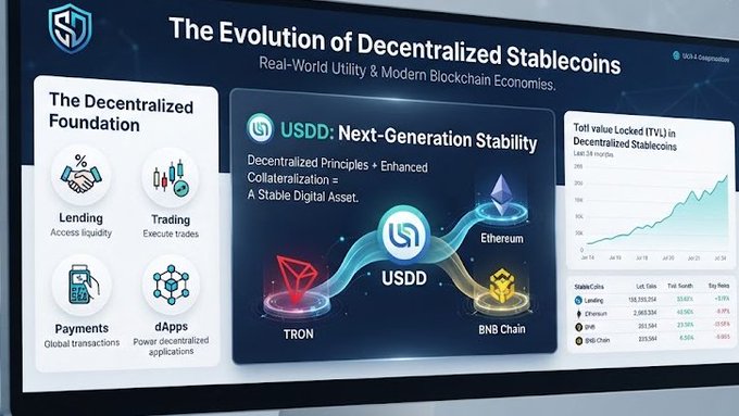 An infographic titled 'The Evolution of Decentralized Stablecoins' highlights USDD as a next-generation stablecoin across Ethereum, TRON, and BNB Chain, with a chart showing Total Value Locked (TVL) trends.