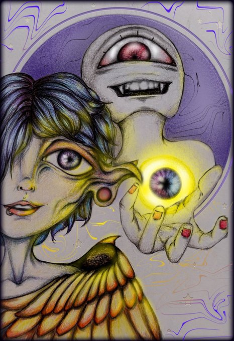 A surreal illustration featuring a dark-haired figure holding a glowing eyeball next to a stitched, one-eyed creature, with a yellow wing below.