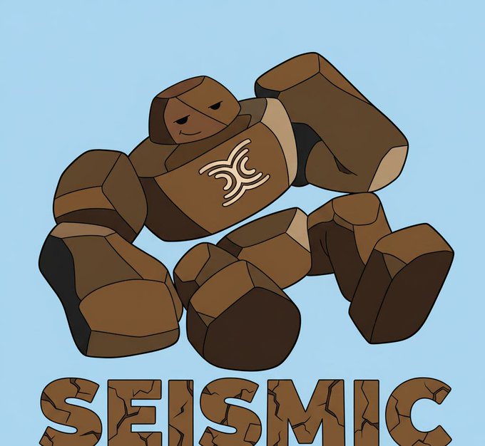 A cartoon illustration of a brown, golem-like figure with the word "SEISMIC" displayed below in cracked, stone-styled lettering on a light blue background.