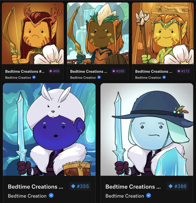 A grid of five cartoon character NFT profiles labeled 'Bedtime Creations,' each depicting a fantasy character holding a sword or staff, with various token IDs like #69, #165, #172, #355, and #386.