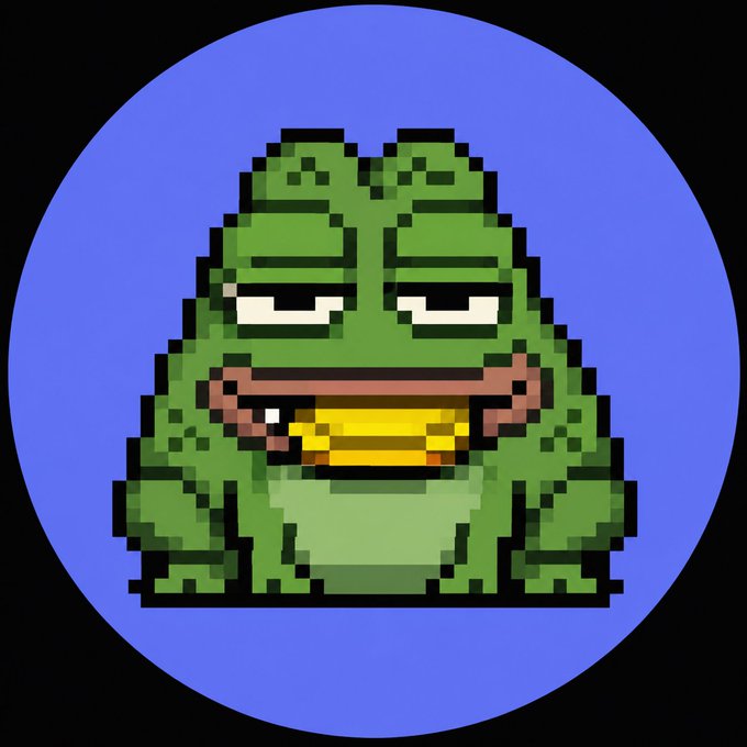 A pixel art illustration of a green frog holding a gold bar in its mouth, set against a solid blue circular background.