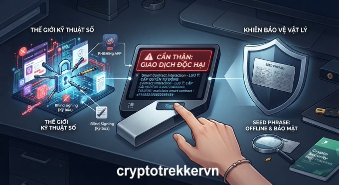 An illustrated cybersecurity scene labeled 'cryptotrekkervn' showing a hand pressing a wallet device displaying a phishing warning ('CẢN THẬN: GIAO DỊCH ĐỘC HẠI') with sections labeled 'THẾ GIỚI KỸ THUẬT SỐ' and 'KHIÊN BẢO VẬT LÝ'.