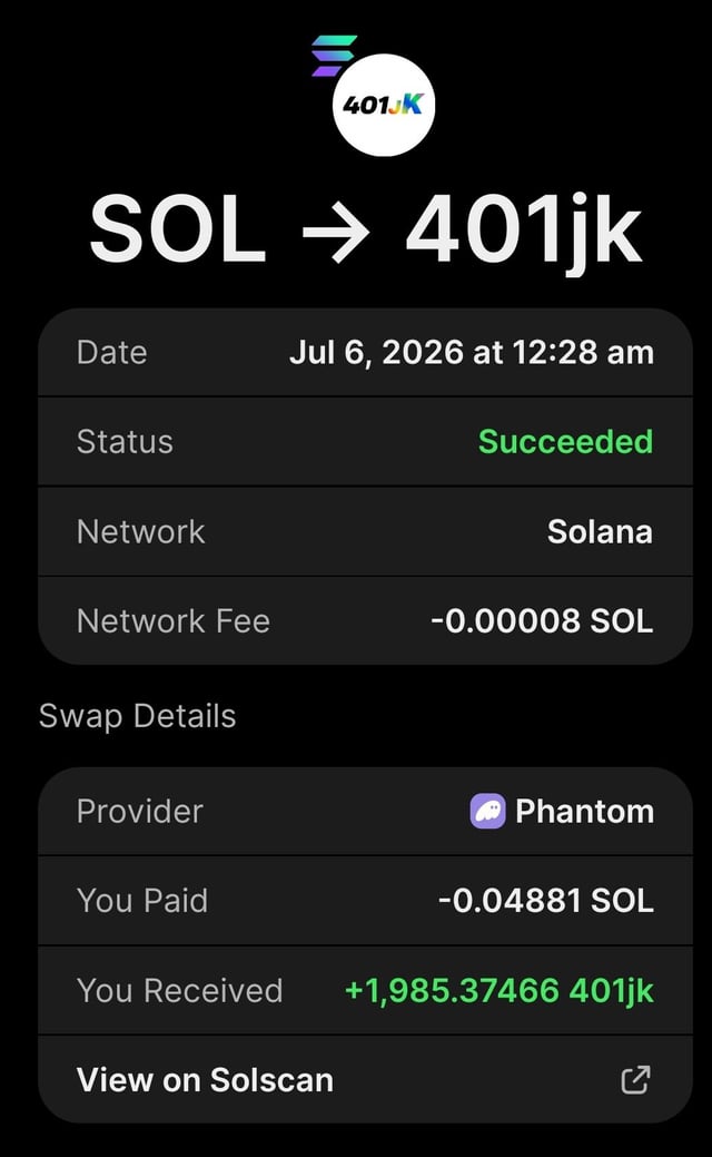A successful swap of 0.04881 SOL for 1,985.37466 401jk on July 6, 2026, via Phantom on Solana, reflecting a small USD-equivalent DCA purchase.