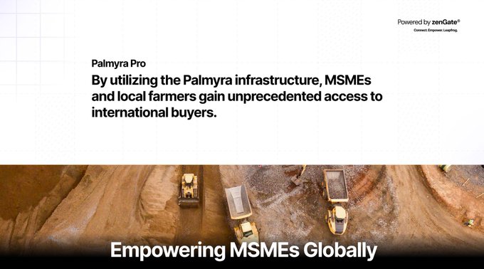 The image promotes "Palmyra Pro," highlighting how MSMEs and local farmers gain access to international buyers through Palmyra infrastructure, with an aerial view of dump trucks in a quarry overlaid by the tagline "Empowering MSMEs Globally." This visually reinforces the post's message about building transformative Web3 infrastructure that connects local producers and MSMEs to global markets, showcasing the real-world industrial scale of the communities Palmyra aims to serve.
