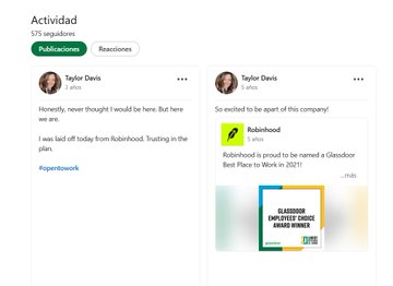 A LinkedIn 'Actividad' (Activity) feed page showing 575 seguidores, with posts by Taylor Davis discussing work-life balance and a Glassdoor Best Places to Work award from Robinhood in 2021.