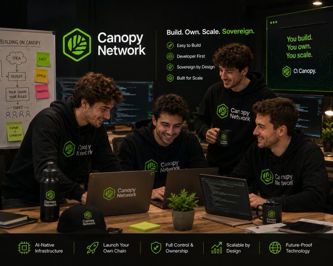 A promotional image for 'Canopy Network' showing four smiling young men in branded hoodies working on laptops, with the tagline 'Build. Own. Scale. Sovereign.' and features including 'Easy to Build', 'Developer First', 'Sovereign by Design', and 'Built for Scale'.