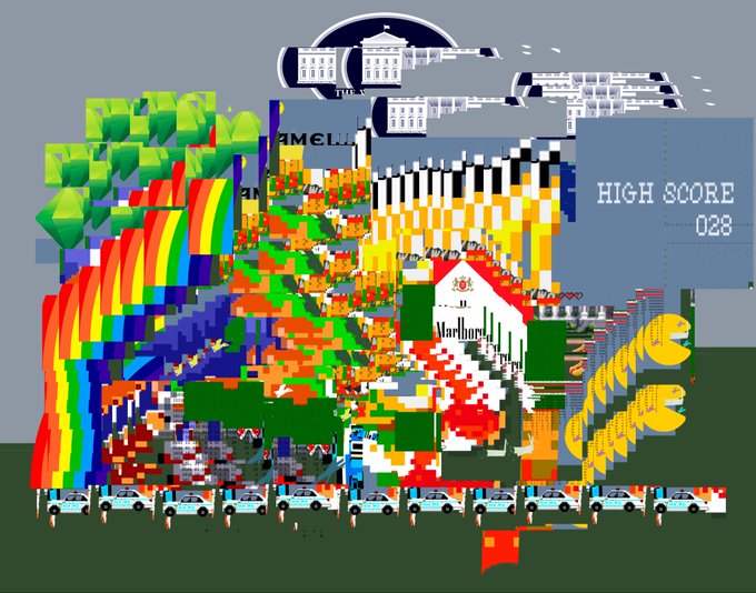 A chaotic pixel-art collage featuring Camel cigarette packs, Marlboro branding, a White House silhouette, and rows of police cars, with a "HIGH SCORE 028" display in the upper right corner, reflecting the satirical commentary on tobacco culture and consumerist excess that aligns with the artist's "highest score" achievement on the digital art marketplace objkt.com.