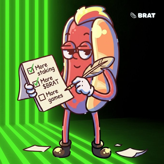 A cartoon character with glasses holds a checklist reading 'More staking' and 'More $BRAT' (checked) and 'More games' (unchecked), with the BRAT logo visible in the corner.