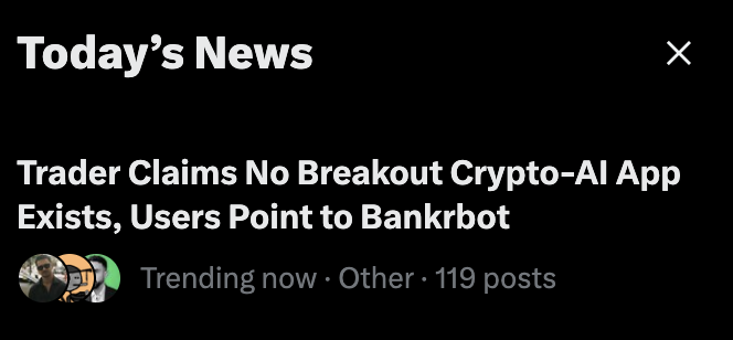 A news snippet titled 'Today's News' reads 'Trader Claims No Breakout Crypto-AI App Exists, Users Point to Bankrbot' with '119 posts' trending on the platform.