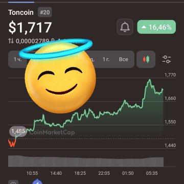 The image shows a stock chart displayed with an upward-moving line, symbolizing the success of a certain company's stock over time. A large, cheerful smiley face, designed as a halo, is present next to the chart. The caption for this image reads "TONCOIN #20 - $1,717 profit @ 16.46%". It appears that someone has sent this post to capture and share a moment of happiness related to cryptocurrency gains or success in investing.