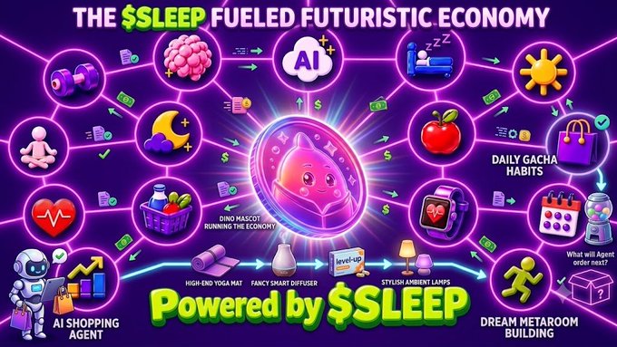 A vibrant purple infographic titled "THE $SLEEP FUELED FUTURISTIC ECONOMY" showing various interconnected icons like a brain, AI, and an apple, centered around a pink mascot, with the text "Powered by $SLEEP".
