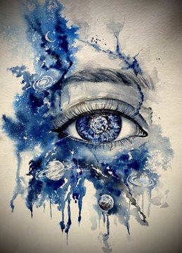 A surreal watercolor painting featuring a large, detailed eye at its center, surrounded by cosmic elements like stars, galaxies, and planets rendered in deep blue ink splatters and drips against a cream background.