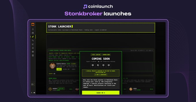 CoinLaunch promotional graphic announcing 'Stonkbroker launches' featuring the Stonk Launcher platform on a laptop screen with a 'Coming Soon' countdown timer.