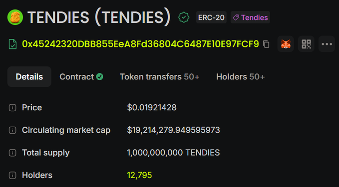 A screenshot of a cryptocurrency token page displaying 'TENDIES (TENDIES)', an ERC-20 token, with a price of $0.01921428, a market cap of approximately $19.2 million, 1 billion total supply, and 12,795 holders.