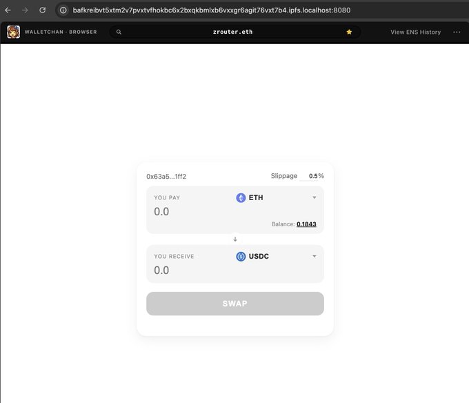 A screenshot of a WalletChan browser showing a cryptocurrency swap interface on zrouter.eth, allowing exchange between ETH (balance 0.1843) and USDC with 0.5% slippage.