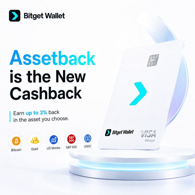 A promotional image for the Bitget Wallet Card showing a white Visa Platinum card with the headline "Assetback is the New Cashback," offering up to 3% back in user-chosen assets including Bitcoin, Gold, US Stocks, S&P 500, and USDC. The visual reinforces the post's message by showcasing a modern payment card that lets users earn rewards in assets beyond traditional cash.