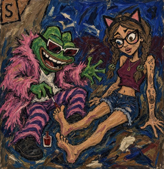 An expressionist painting depicts a green frog wearing sunglasses and a pink fur coat alongside a woman with cat ears, braids, and tattoos holding a small bottle.