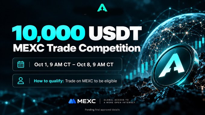 A MEXC promotional banner advertising a '10,000 USDT MEXC Trade Competition' running from Oct 1, 9 AM CT to Oct 8, 9 AM CT, with instructions to trade on MEXC to be eligible.