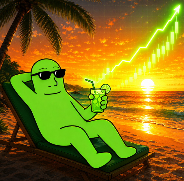 A green cartoon figure relaxes on a beach chair with a drink, while a glowing green upward-trending stock chart pierces the sunset sky—visually mirroring the post's confident "$green" rallying call and promise of upcoming updates for holders.