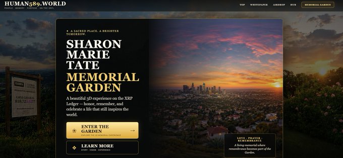 A webpage titled 'SHARON MARIE TATE MEMORIAL GARDEN' on the 'HUMAN589 WORLD' website, featuring an image of a memorial sign against a city sunset backdrop and text honoring her life.